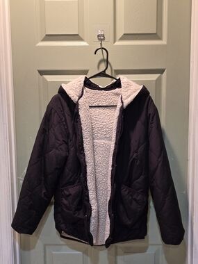 Quilted Hooded Jacket with Sherpa Lining - Black